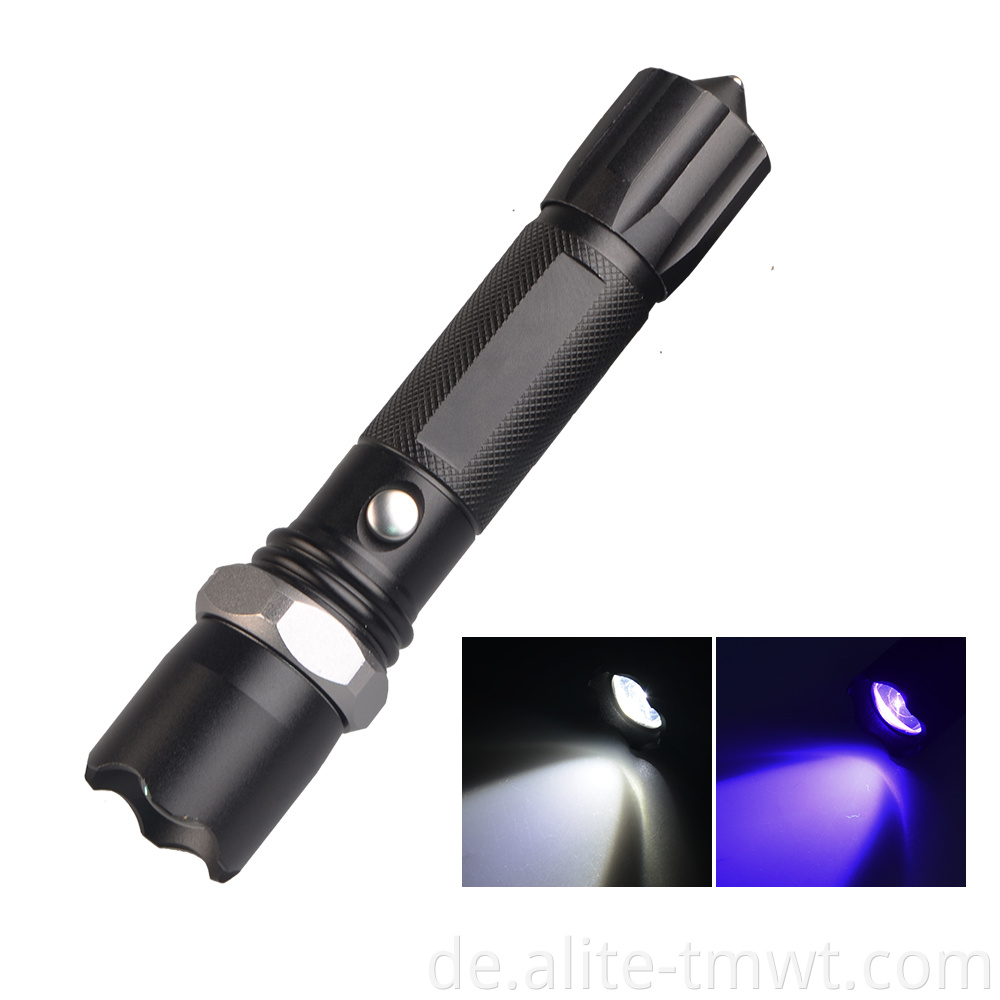 2 in 1 Dual LED -Lichtquelle im Freien Camping Scorpion Hunting Torch Zoomable weiße UV 395nm Ultraviolett Taschenlampe